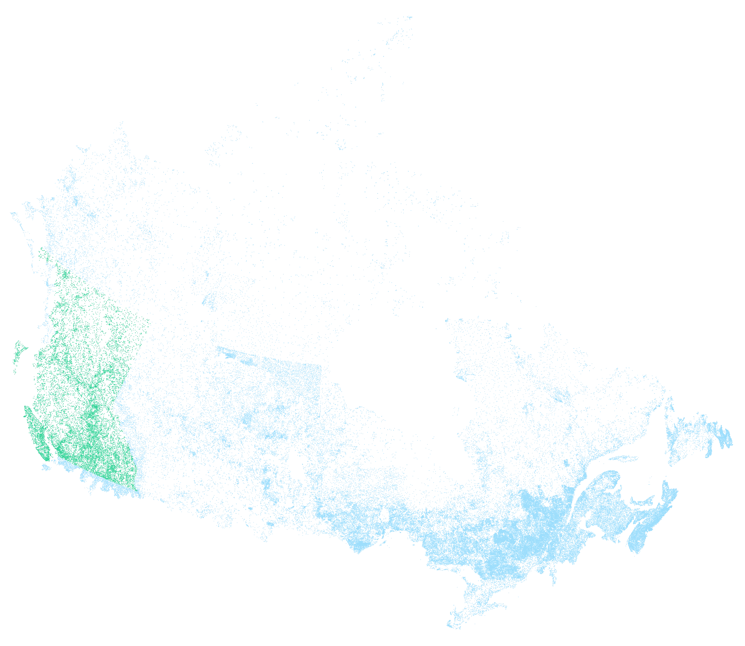 A map of Canada showing the 160,062 rivers and lakes covered by ReelRegs. Coverage reaches every province and territory, densest across the lake country of Ontario and Quebec and thinning towards the Arctic. British Columbia is picked out in green, where the fishing regulations are live.