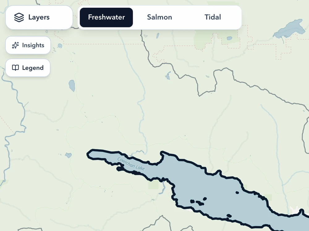 The mode switcher at the top of the map reading Freshwater, Salmon and Tidal with Freshwater selected, beside the Layers, Spot Check and Legend controls, over Cowichan Lake