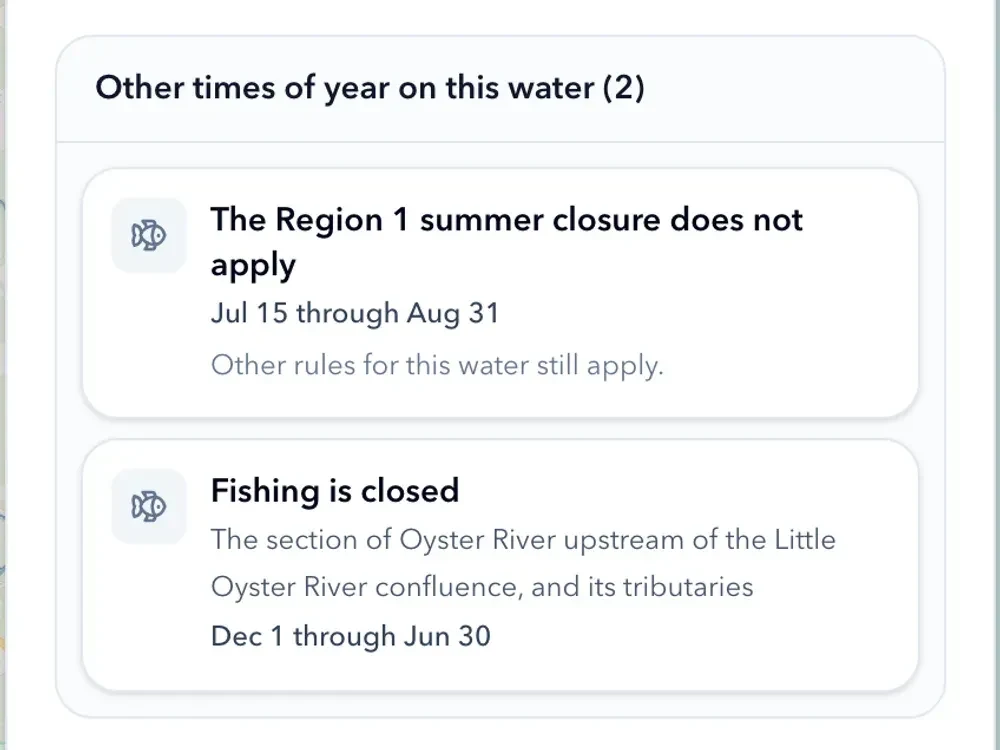 An Other times of year card on a water panel, listing two rules that are not in force today - the Region 1 summer closure from July 15 through August 31, and a closure on the Oyster River above the Little Oyster confluence from December 1 through June 30