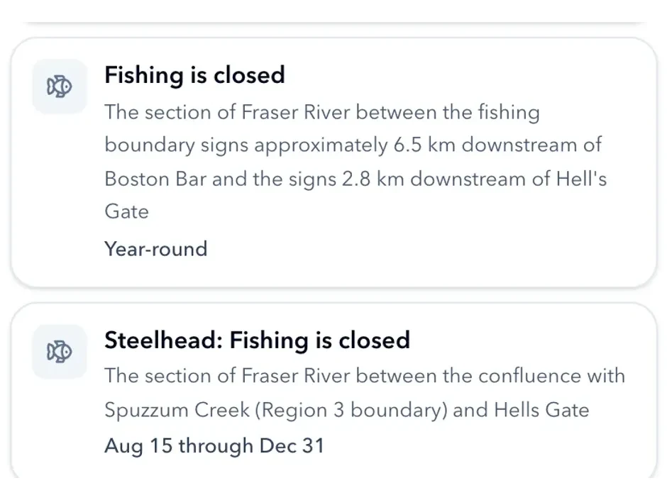A rule card reading closed to steelhead, naming the stretch of river it covers and the dates it runs between
