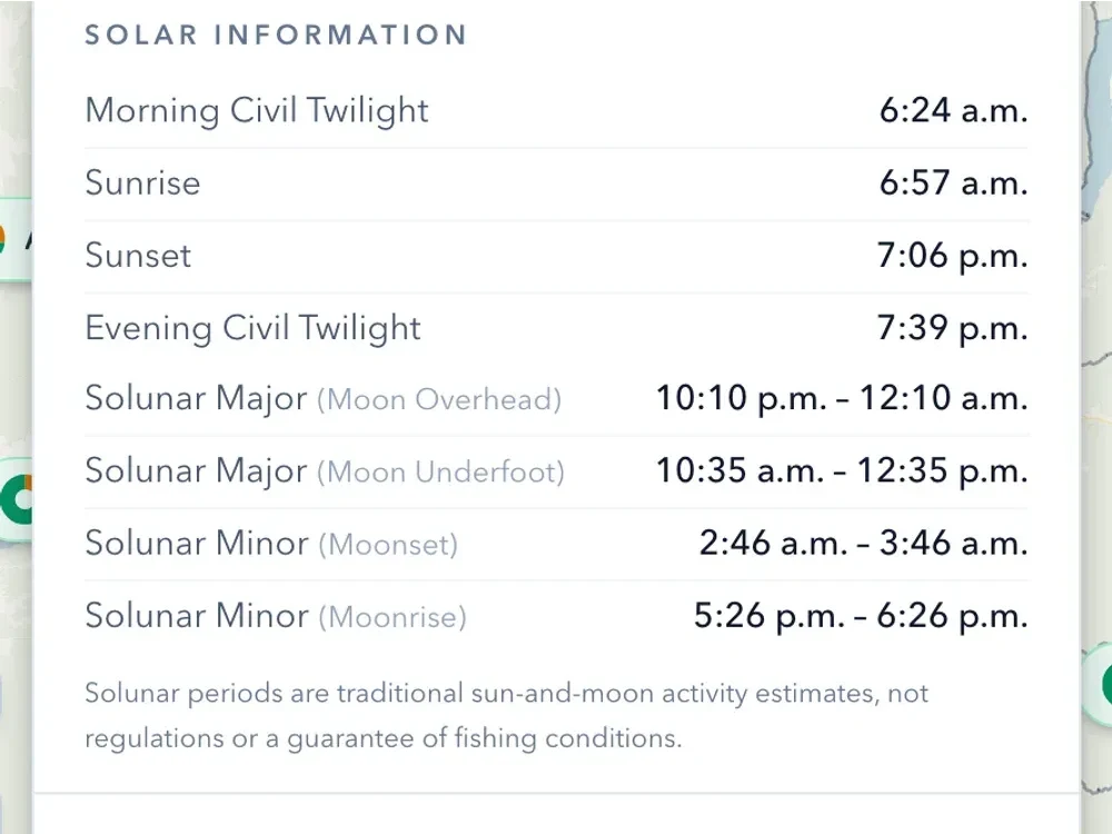 The solar information panel listing morning civil twilight 6:24am, sunrise 6:57am, sunset 7:06pm, evening civil twilight 7:39pm, and four solunar periods