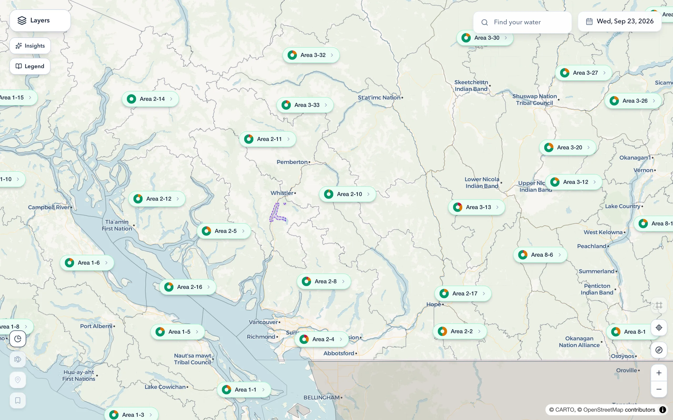 ReelRegs open across southern British Columbia, every fishing area carrying a badge coloured by how its waters stand that day, from Vancouver Island across to the Okanagan.