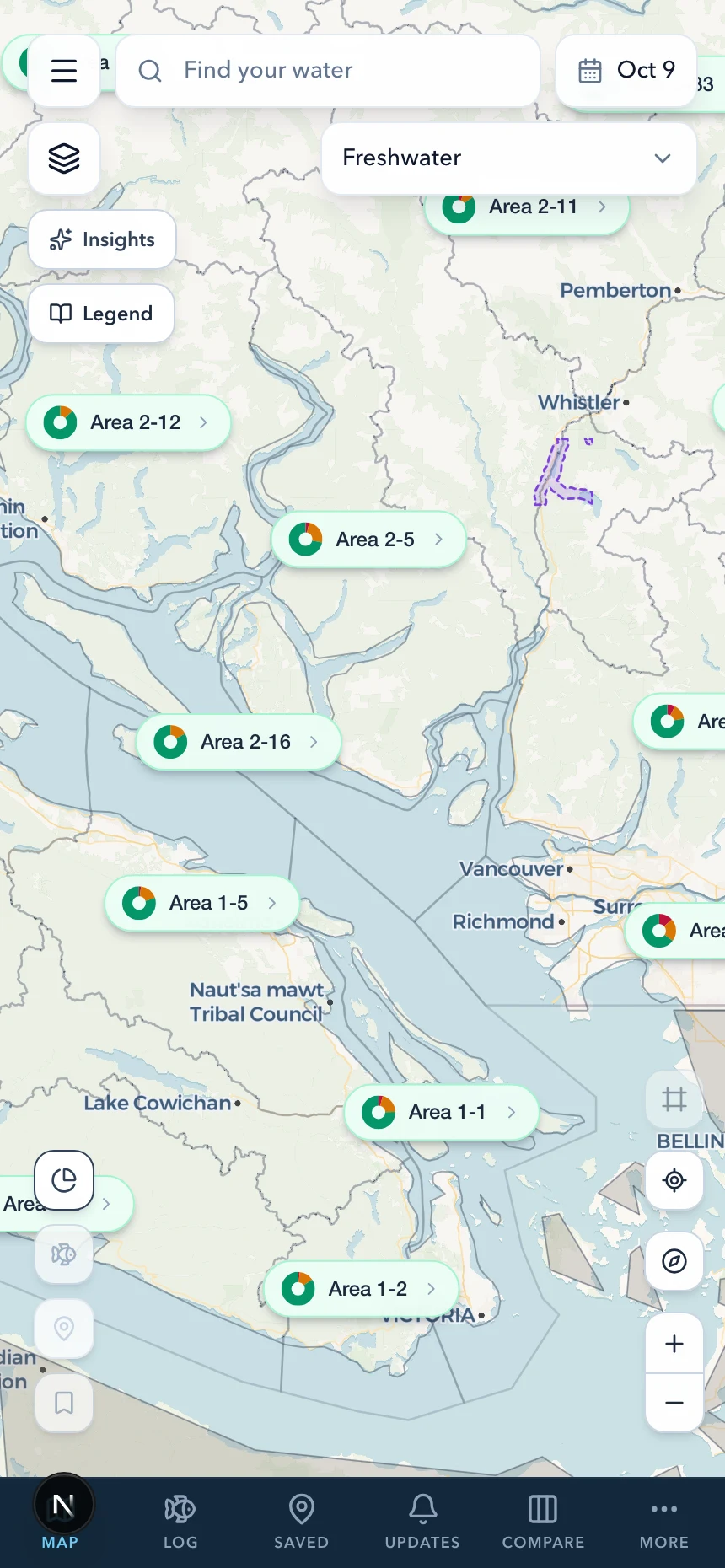 The ReelRegs map on a phone, showing Vancouver Island and the Strait of Georgia against the mainland, with fishing area badges across both