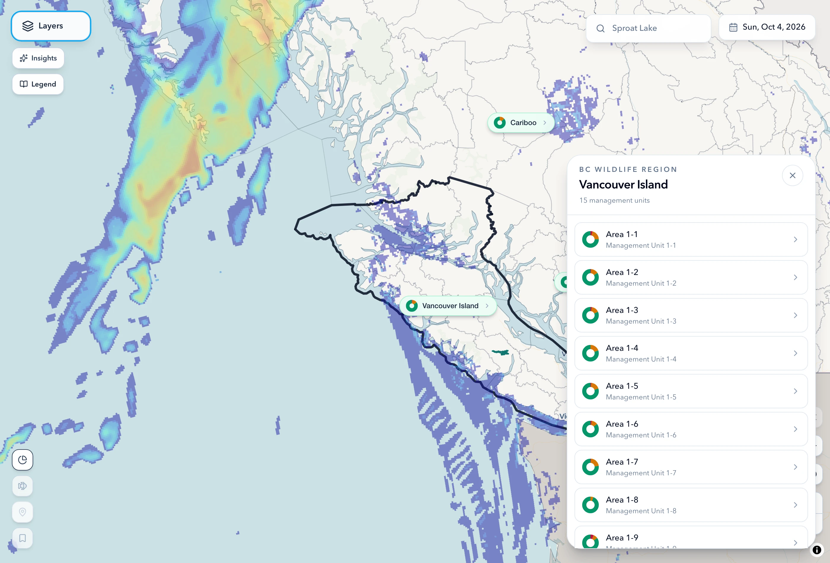 The ReelRegs map over the British Columbia coast with the day's weather drawn across it, fishing areas badged by how their waters stand, and a panel listing Vancouver Island's fifteen management units.