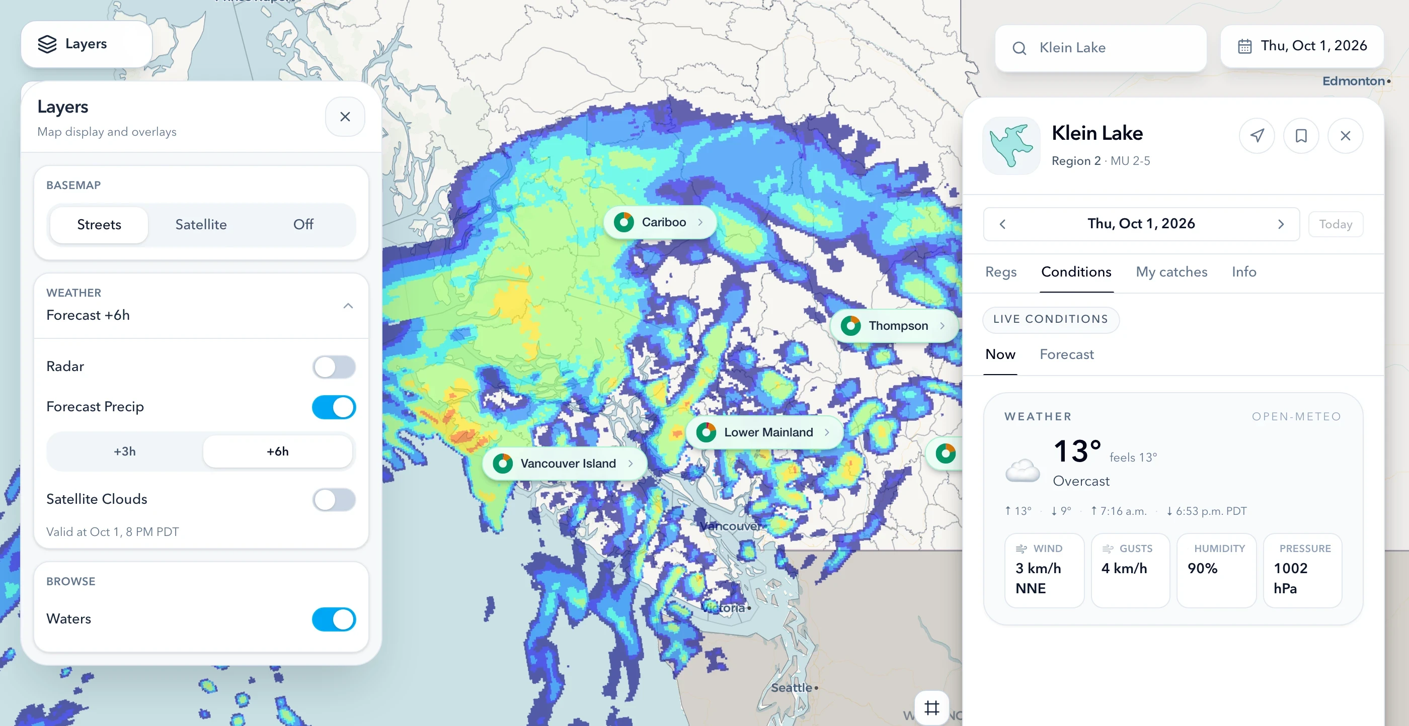 The ReelRegs map with Environment Canada's precipitation forecast drawn over British Columbia, a front sweeping in off the Pacific across Vancouver Island and the south coast. Klein Lake's conditions panel is open beside it showing 13 degrees and overcast, 3 km/h wind, 90 percent humidity and 1002 hPa.